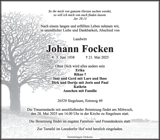 Traueranzeige von Johann Focken von Ostfriesischer Kurier GmbH
