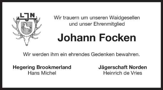 Traueranzeige von Johann Focken von Ostfriesischer Kurier GmbH