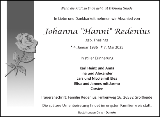 Traueranzeige von Johanna Redenius von Ostfriesischer Kurier GmbH