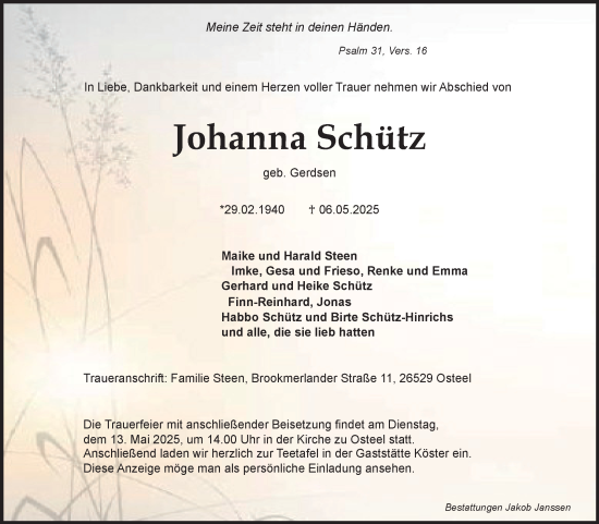 Traueranzeige von Johanna Schütz von Ostfriesischer Kurier GmbH