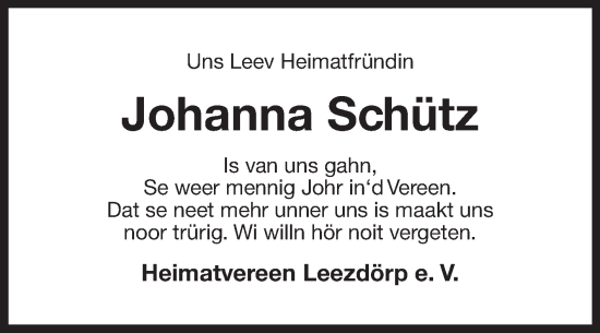 Traueranzeige von Johanna Schütz von Ostfriesischer Kurier GmbH