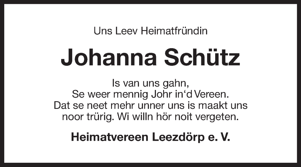  Traueranzeige für Johanna Schütz vom 10.05.2025 aus Ostfriesischer Kurier GmbH
