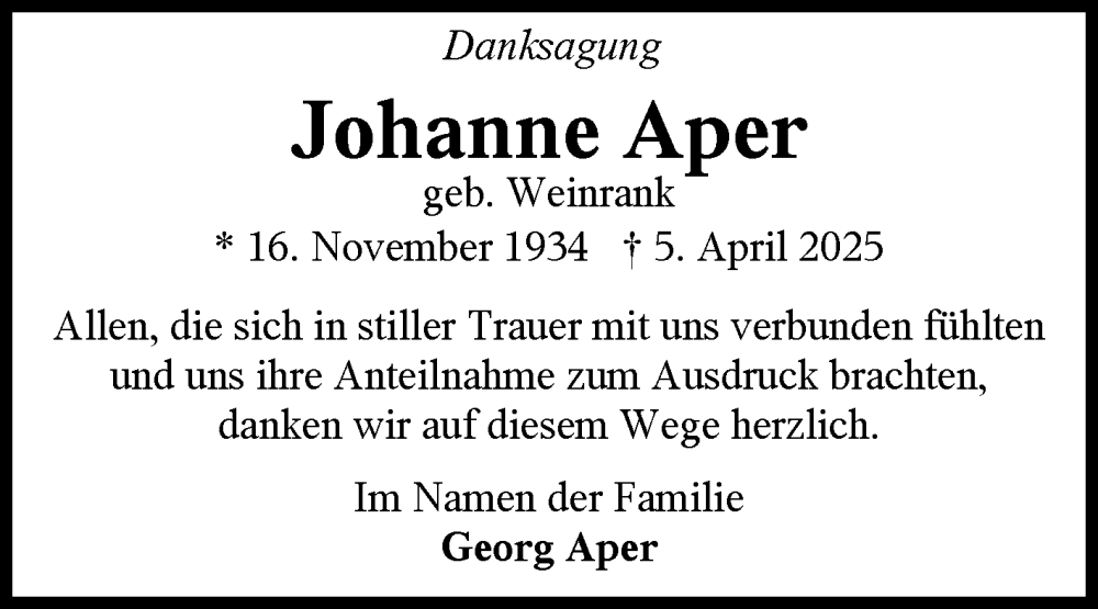 Traueranzeige für Johanne Aper vom 10.05.2025 aus Ostfriesischer Kurier GmbH