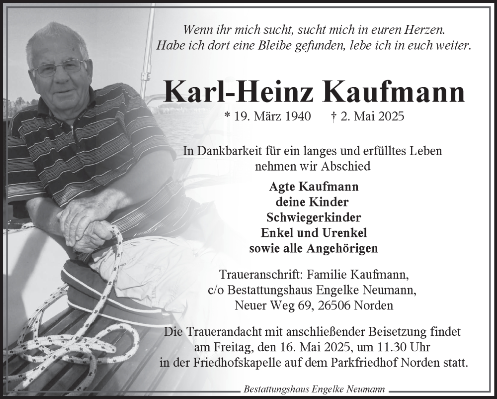  Traueranzeige für Karl-Heinz Kaufmann vom 10.05.2025 aus Ostfriesischer Kurier GmbH
