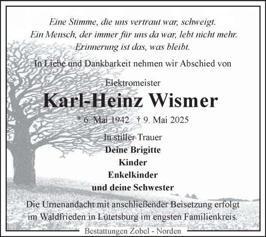 Traueranzeige von Karl-Heinz Wismer von Ostfriesischer Kurier GmbH