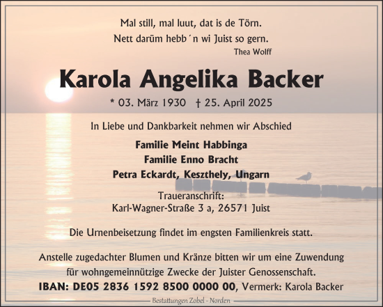 Traueranzeige von Karola Angelika Backer von Ostfriesischer Kurier GmbH