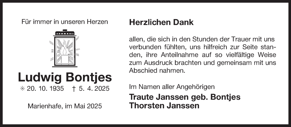  Traueranzeige für Ludwig Bontjes vom 10.05.2025 aus Ostfriesischer Kurier GmbH