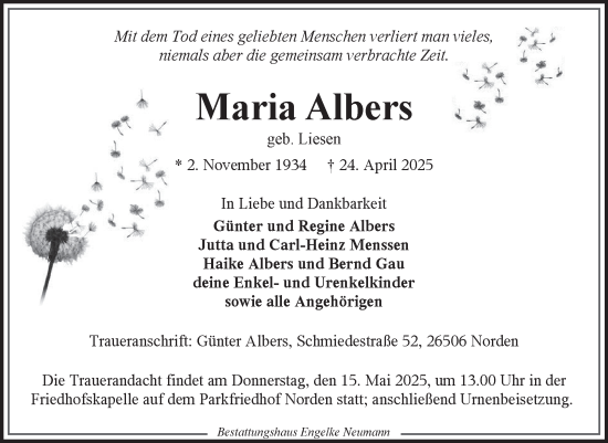 Traueranzeige von Maria Albers von Ostfriesischer Kurier GmbH