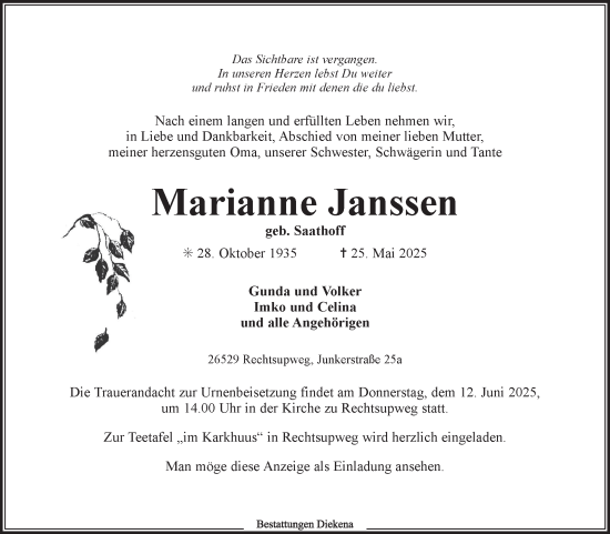 Traueranzeige von Marianne Janssen von Ostfriesischer Kurier GmbH