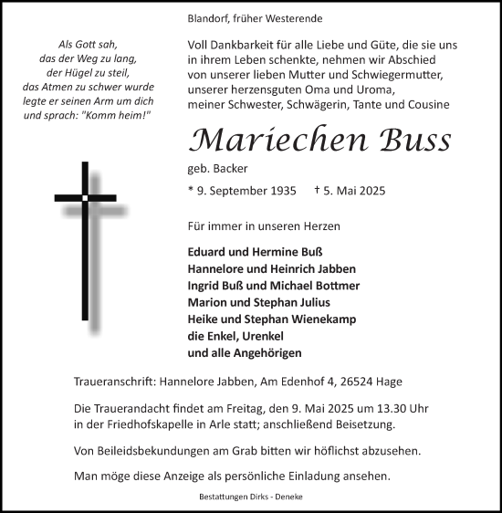 Traueranzeige von Mariechen Buss von Ostfriesischer Kurier GmbH