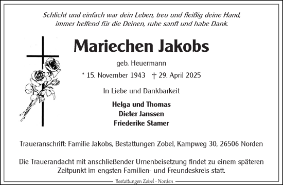 Traueranzeige von Mariechen Jakobs von Ostfriesischer Kurier GmbH