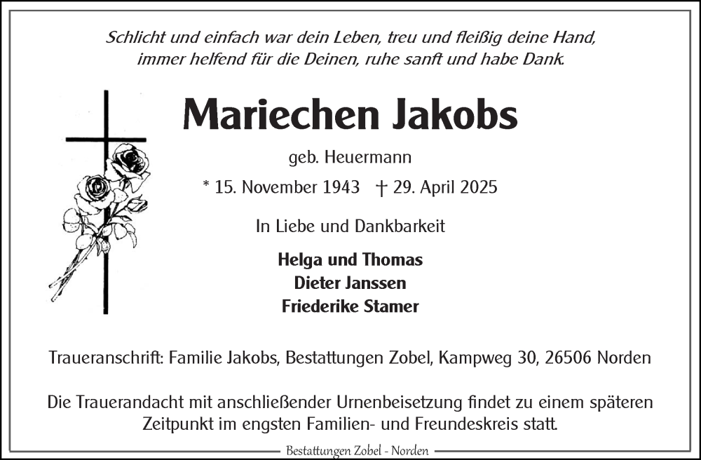  Traueranzeige für Mariechen Jakobs vom 03.05.2025 aus Ostfriesischer Kurier GmbH