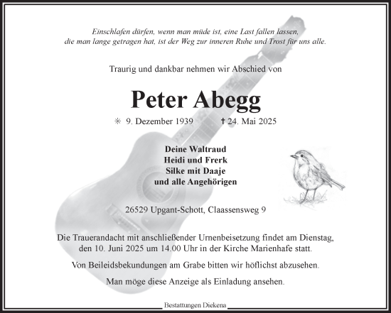 Traueranzeige von Peter Abegg von Ostfriesischer Kurier GmbH