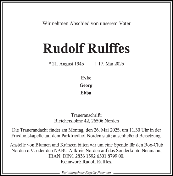 Traueranzeige von Rudolf Rulffes von Ostfriesischer Kurier GmbH