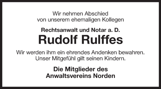 Traueranzeige von Rudolf Rulffes von Ostfriesischer Kurier GmbH
