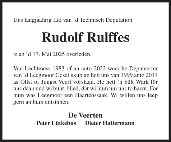 Traueranzeige von Rudolf Rulffes von Ostfriesischer Kurier GmbH