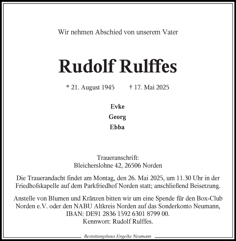  Traueranzeige für Rudolf Rulffes vom 24.05.2025 aus Ostfriesischer Kurier GmbH