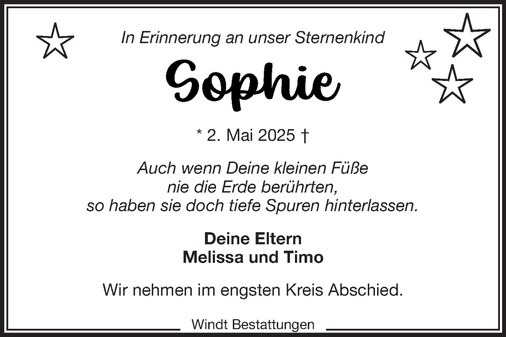  Traueranzeige für Sophie  vom 07.05.2025 aus Ostfriesischer Kurier GmbH