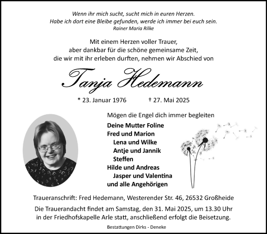 Traueranzeige von Tanja Hedemann von Ostfriesischer Kurier GmbH
