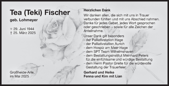 Traueranzeige von Tea Fischer von Ostfriesischer Kurier GmbH