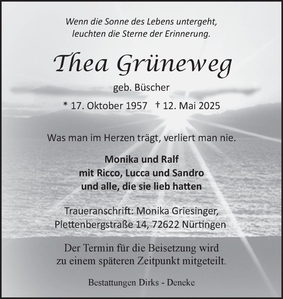  Traueranzeige für Thea Grüneweg vom 17.05.2025 aus Ostfriesischer Kurier GmbH