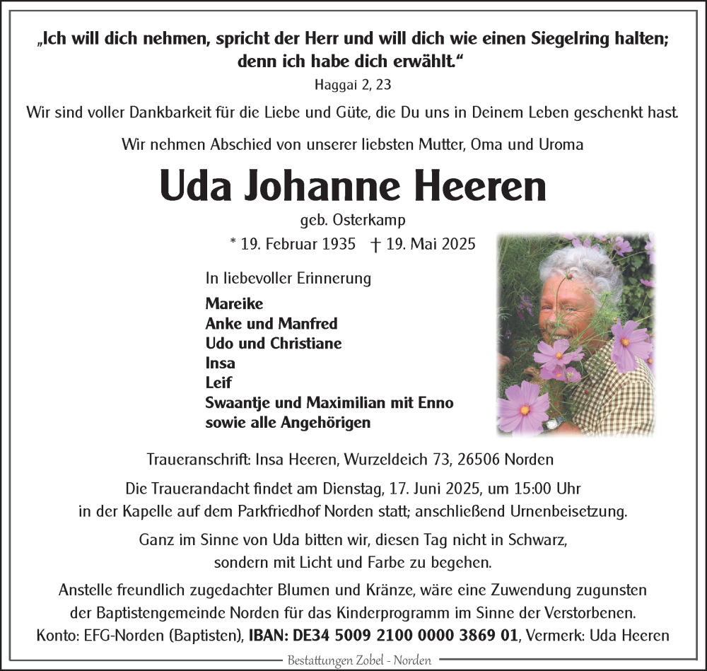  Traueranzeige für Uda Johanne Heeren vom 24.05.2025 aus Ostfriesischer Kurier GmbH