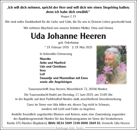Traueranzeige von Uda Johanne Heeren von Ostfriesischer Kurier GmbH