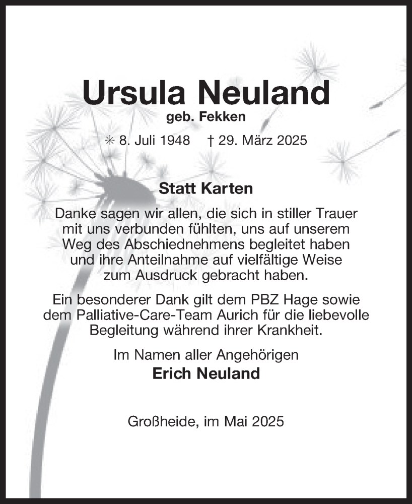  Traueranzeige für Ursula Neuland vom 10.05.2025 aus Ostfriesischer Kurier GmbH