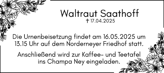 Traueranzeige von Waltraut Saathoff von Ostfriesischer Kurier GmbH