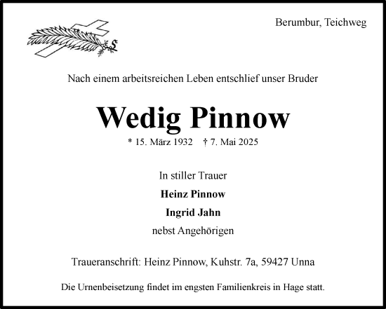 Traueranzeige von Wedig Pinnow von Ostfriesischer Kurier GmbH