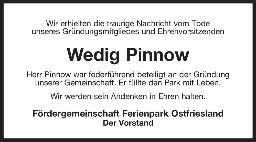  Traueranzeige für Wedig Pinnow vom 14.05.2025 aus Ostfriesischer Kurier GmbH