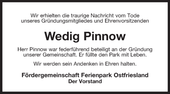 Traueranzeige von Wedig Pinnow von Ostfriesischer Kurier GmbH