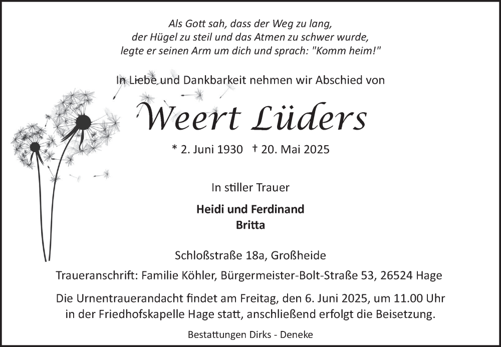  Traueranzeige für Weert Lüders vom 24.05.2025 aus Ostfriesischer Kurier GmbH