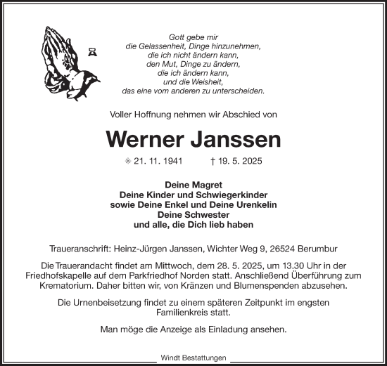 Traueranzeige von Werner Janssen von Ostfriesischer Kurier GmbH
