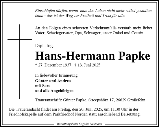 Traueranzeige von Hans-Hermann Papke von Ostfriesischer Kurier GmbH