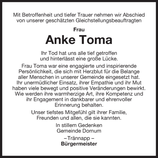 Traueranzeige von Anke Toma von Ostfriesischer Kurier GmbH