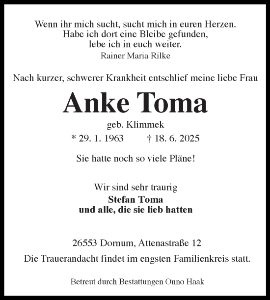 Traueranzeige von Anke Toma von Ostfriesischer Kurier GmbH