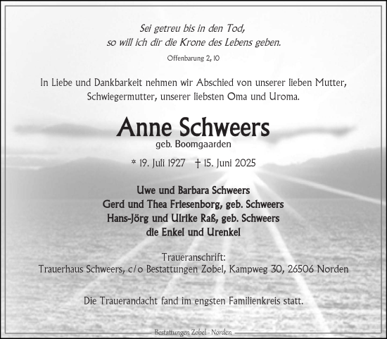 Traueranzeige von Anne Schweers von Ostfriesischer Kurier GmbH