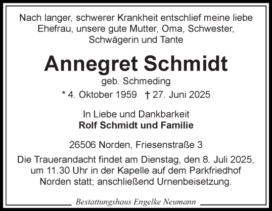 Traueranzeige von Annegret Schmidt von Ostfriesischer Kurier GmbH