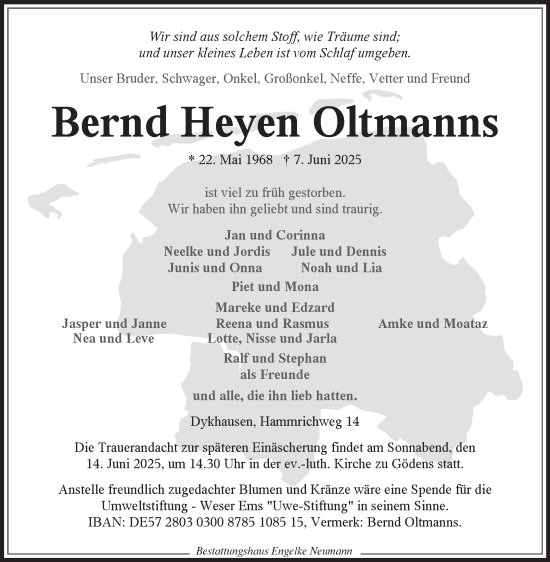 Traueranzeige von Bernd Heyen Oltmanns von Ostfriesischer Kurier GmbH