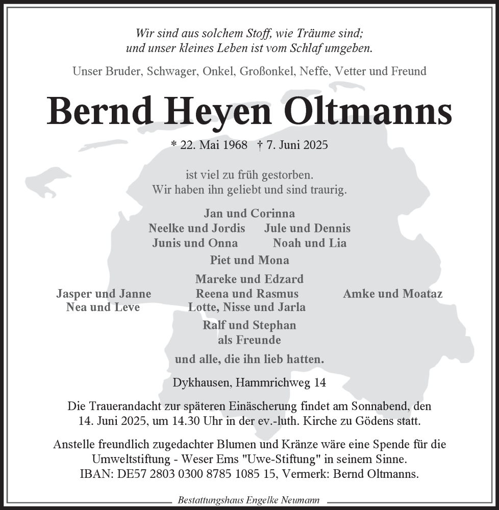  Traueranzeige für Bernd Heyen Oltmanns vom 11.06.2025 aus Ostfriesischer Kurier GmbH
