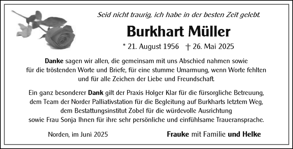  Traueranzeige für Burkhart Müller vom 28.06.2025 aus Ostfriesischer Kurier GmbH