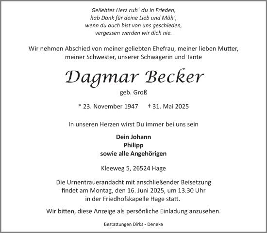 Traueranzeige von Dagmar Becker von Ostfriesischer Kurier GmbH