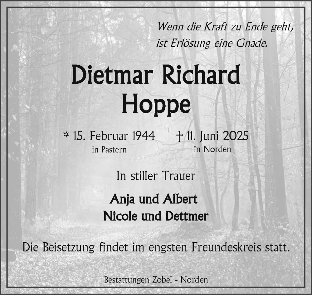  Traueranzeige für Dietmar Hoppe vom 21.06.2025 aus Ostfriesischer Kurier GmbH