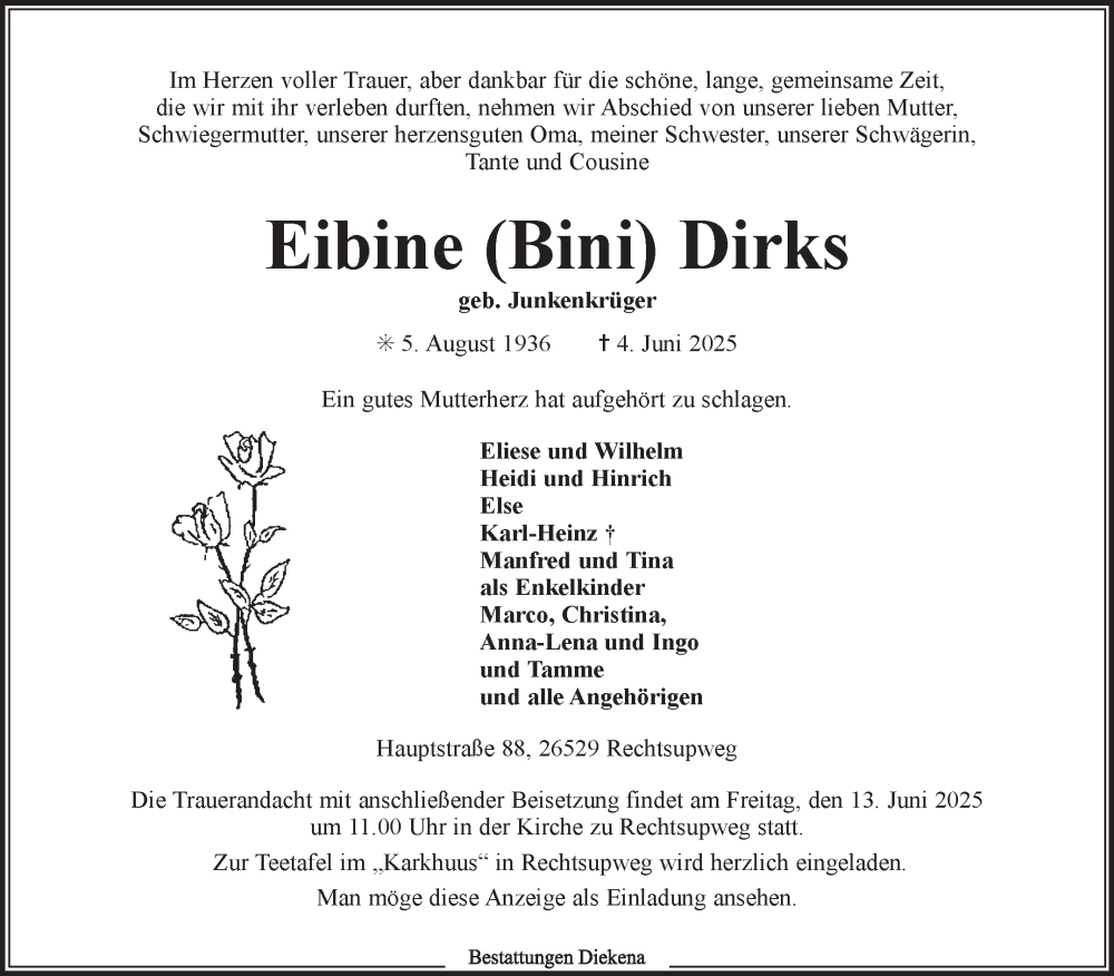  Traueranzeige für Eibine Dirks vom 07.06.2025 aus Ostfriesischer Kurier GmbH
