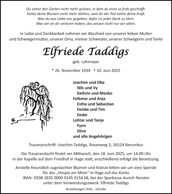 Traueranzeige von Elfriede Taddigs von Ostfriesischer Kurier GmbH