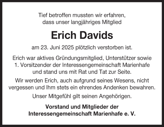 Traueranzeige von Erich Davids von Ostfriesischer Kurier GmbH