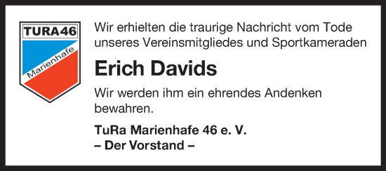 Traueranzeige von Erich Davids von Ostfriesischer Kurier GmbH