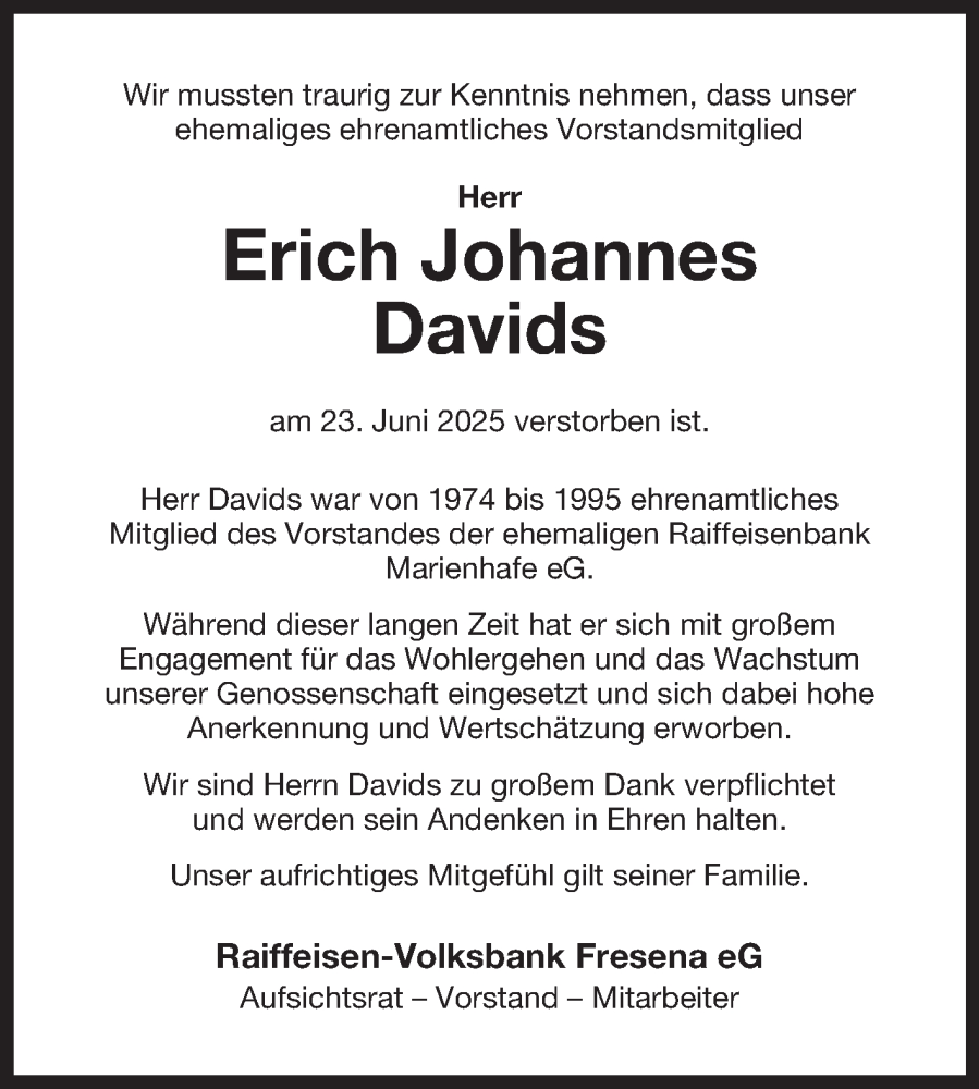  Traueranzeige für Erich Johannes Davids vom 27.06.2025 aus Ostfriesischer Kurier GmbH