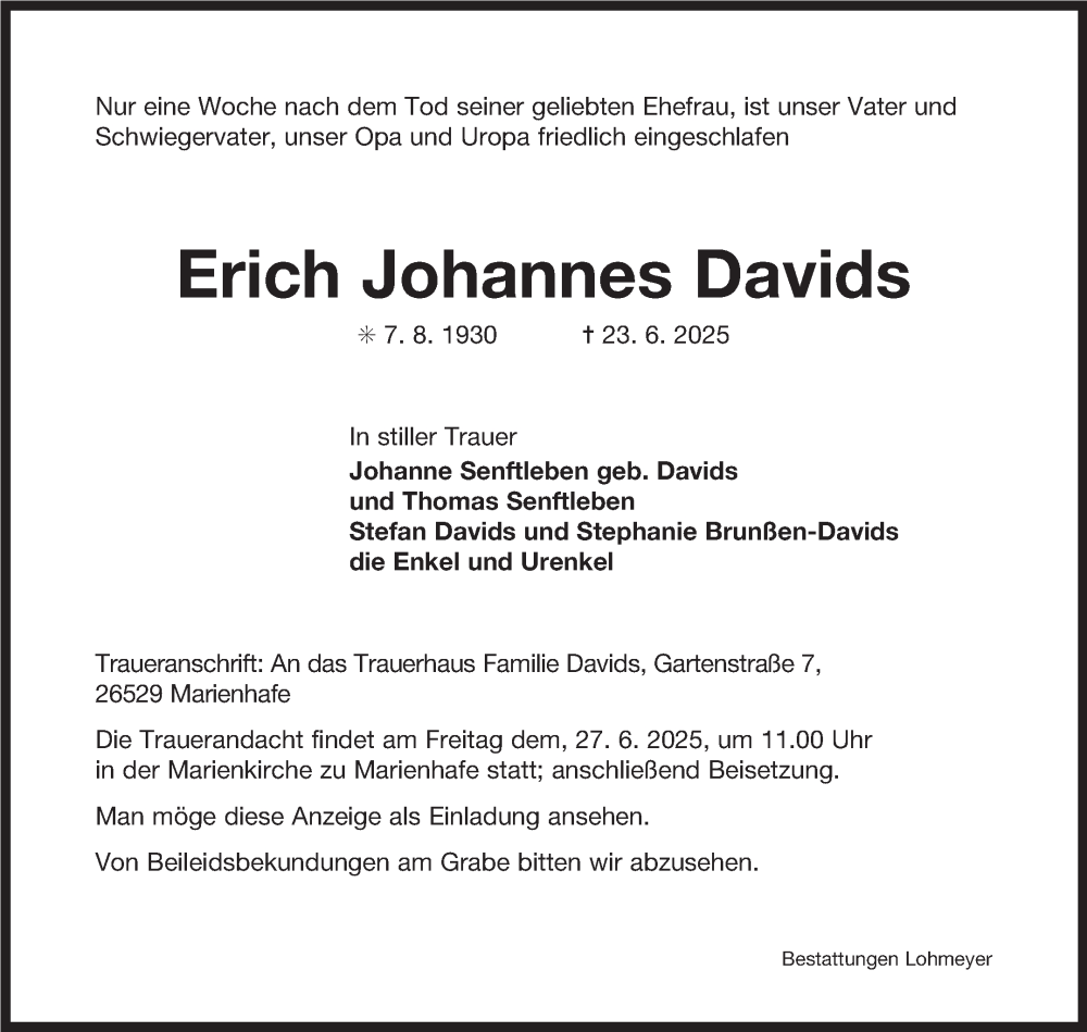  Traueranzeige für Erich Johannes Davids vom 24.06.2025 aus Ostfriesischer Kurier GmbH